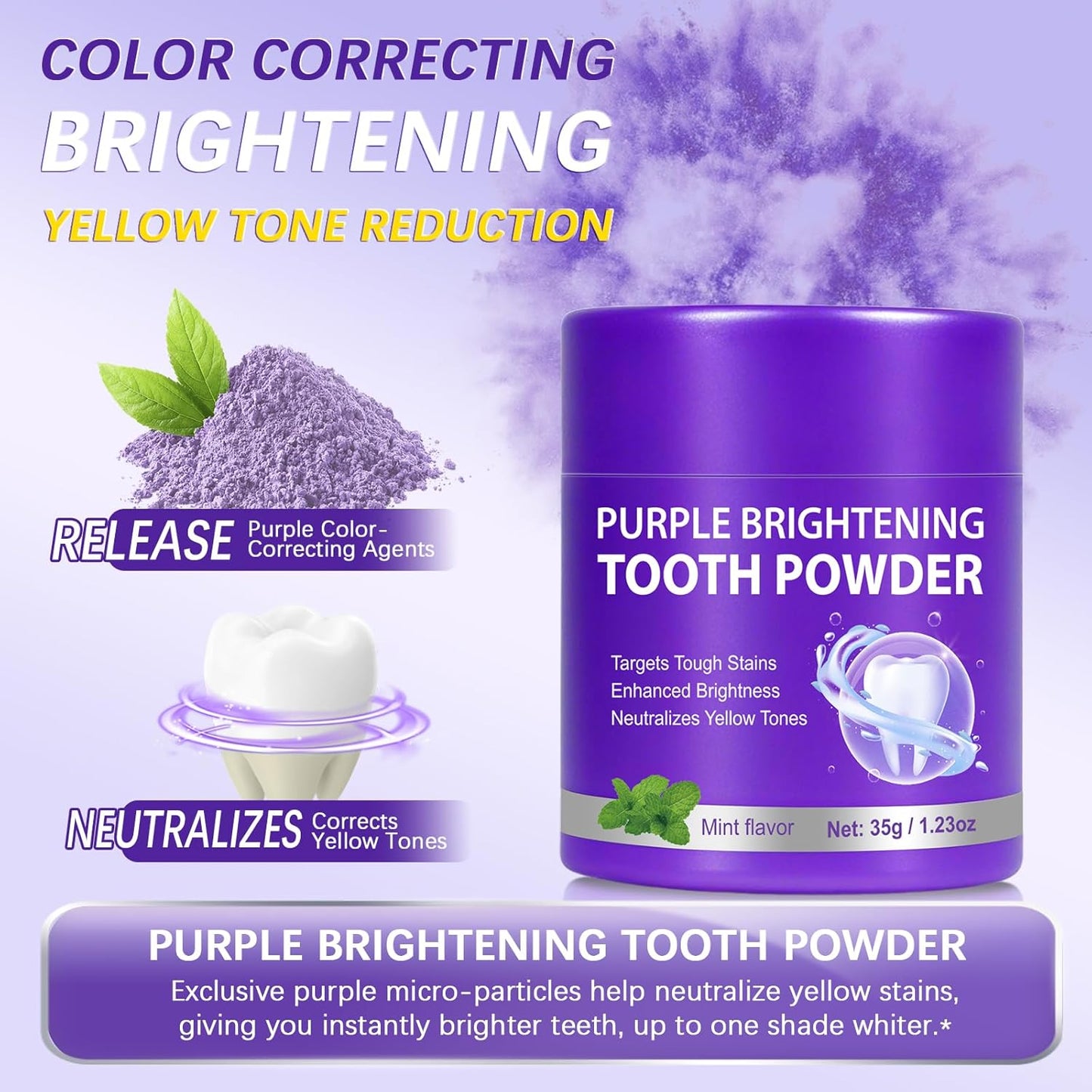 Teeth Whitening Powder, 35g Purple Teeth Whitening Powder, Effectively Lifts Stains, Strengthening Teeth and Gums, Fresh Mint Flavor, Breath Freshener