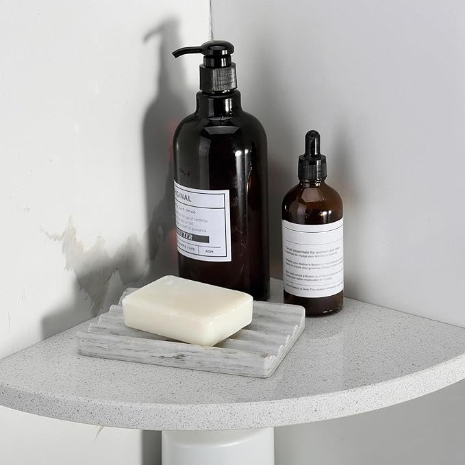 Koville Natural Marble Corner Shower Shelf for Bathroom, 10'' Polished Marble Corner Shelves, Wall Mounted Stone Corner Shower Caddy, No Drilling Adhesive Shelf - White Cliff (No Glue Included)