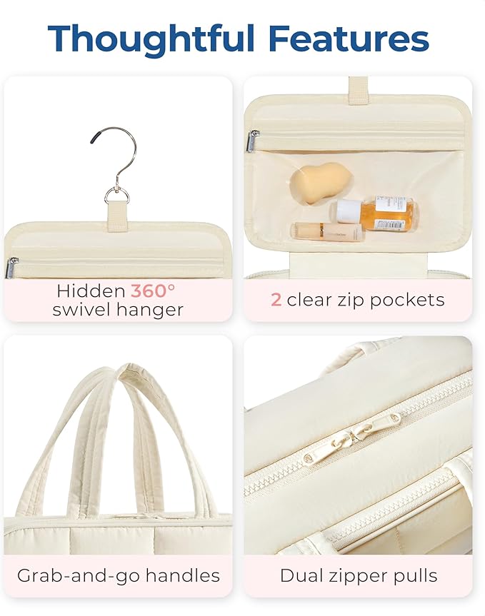 BAGSMART Travel Toiletry Bag with Jewelry Organizer, Hanging Travel Bag for Toiletries, Puffy Makeup Cosmetic Bag Organizer, Carry-on Travel Accessories Essentials, Beige-M