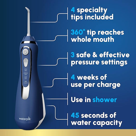 Waterpik Cordless Advanced 2.0 Water Flosser For Teeth, Gums, Braces, Dental Care With Travel Bag and 4 Tips, ADA Accepted, Rechargeable, Portable, and Waterproof, Blue WP-583, Packaging May Vary
