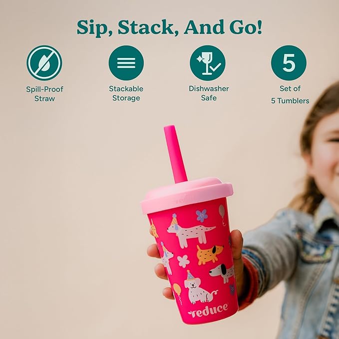 REDUCE GoGo's Kids Portable Tumbler Cups with Lids and Spill-Proof Straws - 5 Pack of Stackable 12 oz Tumblers with Twist-On Lids - Easy Storage, Dishwasher Safe - Serendipity Set