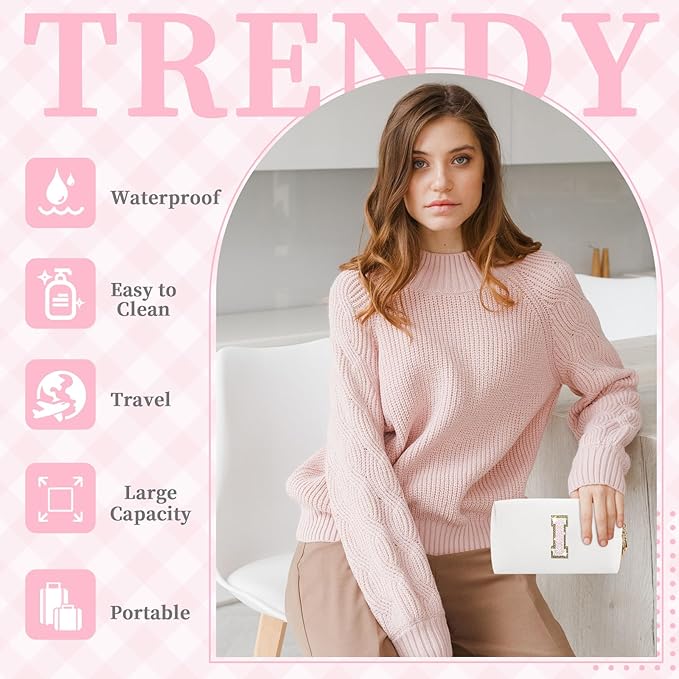 Small Initial Patch Makeup Bag Personalized Gifts Make Up Bag,White Cute PU Leather Glitter Letter Cosmetic Bag with Zipper,Trendy Portable Travel Toiletry Pouch,Preppy Stuff for Teen Girls Women I