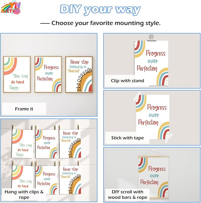 YOUHONG 3 Pieces Motivational Wall Decor Inspirational Posters Motivational Art Quotes & Play Room Wall Decor Frameless Kids Classroom Toddler Educational Posters for Classroom (12" W x 16" H x3)