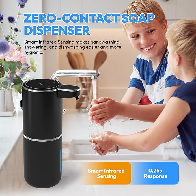 2 Pack Automatic Soap Dispenser Touchless,Liquid Hand Soap Dispenser 12.8oz USB 4levels Adjustable Dispenser Electric Wall Mounted Smart for Bathroom and Kitchen Dish Soap，Easy for Toddlers(Black)