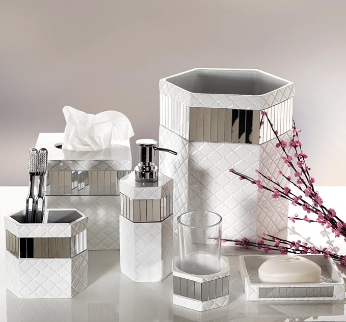 Creative Scents Quilted Mirror White Toothbrush Holder – Bathroom Toothbrush Organizer - Decorative Toothbrush and Toothpaste Holder for Bathroom Holds Multiple Toothbrushes and Paste