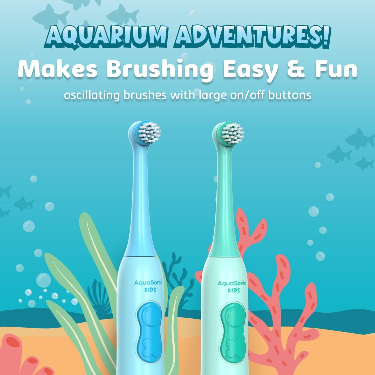 Aquasonic Kids Electric Toothbrush Set for Ages 3+ | Soft Bristles, Oscillating Brush Head, Built-in Battery | Aquarium Adventures