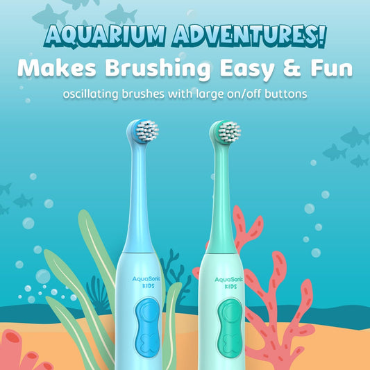 Aquasonic Kids Electric Toothbrush Set for Ages 3+ | Soft Bristles, Oscillating Brush Head, Built-in Battery | Aquarium Adventures