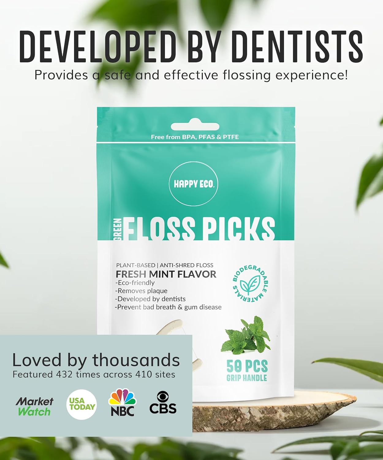 Biodegradable Floss Picks (200pcs) - Natural Dental Floss - Nontoxic Plant Based Floss Sticks for Adults & Kids - Vegan Tooth Pick Flossers - Single Thread Mint