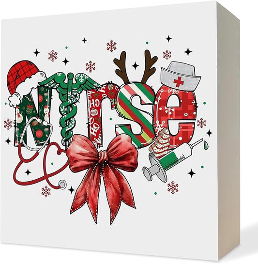 Red Bow Christmas Nurse Wooden Box Sign, Nurses Gifts for Christmas, Holiday Winter Xmas Nurse Wood Block Plaque Signs for Nursing Office School Home Desk Table Shelf Decor, 5x5 Inch