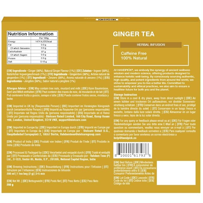 HANDPICK, Ginger Tea Bags (100 Herbal Tea Bags), Authentic Indian Origin, Caffeine Free & 100% Pure Ginger Root |Soothing & Spicy Blend | Round Eco Conscious Teabags