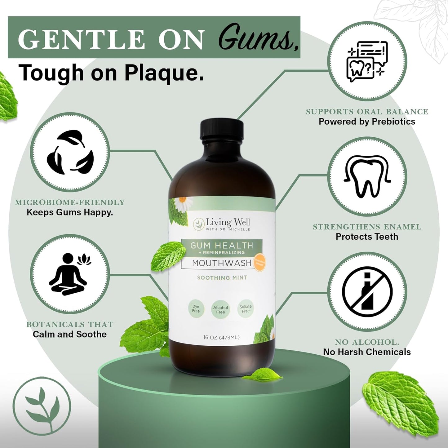 Living Well with Dr. Michelle Remineralizing + Gum Health Mouthwash – Soothing Mint | Hydroxyapatite, Colloidal Silver | Alcohol-Free, Fluoride-Free, Fresh Breath Support