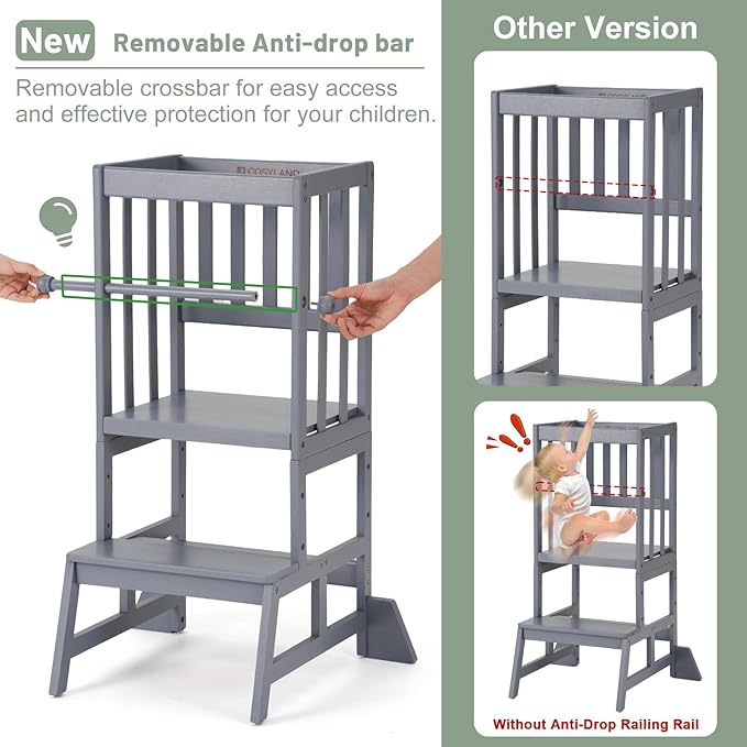 COSYLAND Toddler Standing Tower - Adjustable Height Toddler Kitchen Stool Helper - Kids Kitchen Step Stool for Learning with Removable Safety Railing Slate Gray