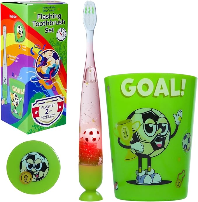 Lily's Home Kids Toothbrush with Flashing Timer and Soft Bristles, Rinsing Cup & Cover - Fun 2-Min Light-Up Brushing for Children - Toddler Soft Toothbrush Kit (Football)