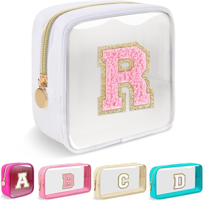 Mini Clear Personalized Initial Makeup Bag,Nylon Preppy A-Z Chenille Letter Patch Zipper Cosmetic Bag, Small Cute Beach Pouch Travel Purse Sanitary Napkin Storage Bag for Women Girls(White-Pink R)