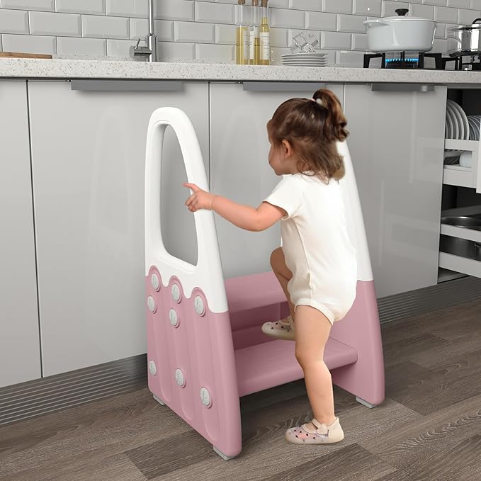 Two Step Stool with Handrails for Toddler and Kids, Standing Learning Stool Tower for Bathroom Sink, Potty Training, Children Step Up Learning Helper with Handles (Pink-White)
