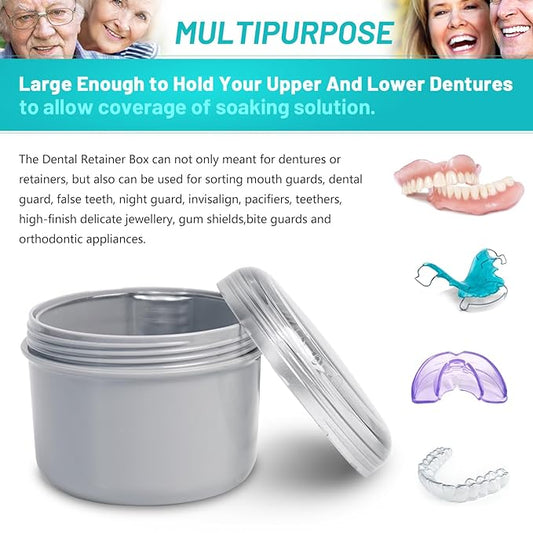 Denture Case with Denture Brush, No Leak Denture Bath Box, Denture Travel Case, Denture Cup with Basket for Soaking Dentures (grey)