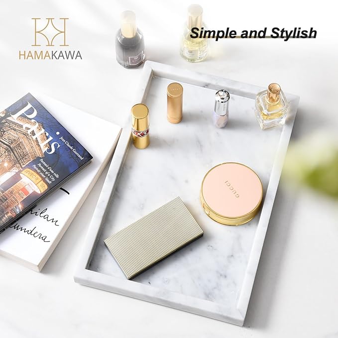 Large Bathroom Vanity Tray, Real Natural Marble Sink Tray 12 Inch, Carrara White Stone Toilet Tank Trays, Modern Dresser Trays, Countertop Organizer for Kitchen Counter, Soap Dispenser