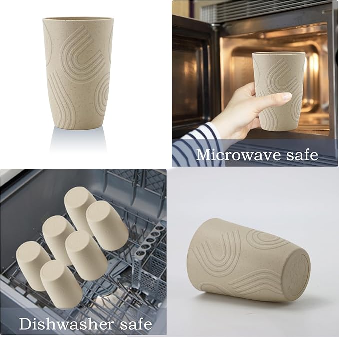 Wrova Wheat Straw Water Cups 16oz with Etched Pattern - Alternative Plastic Drinking Glasses Set of 6 - Unbreakable Tumbler Cups for Kids - Beige