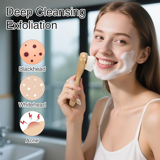 2 Pcs Face Scrubber with Wooden Handle, Facial Cleansing Brushes Face Wash Brush for Deep Pore Cleansing and Exfoliating, Ultra Soft Bristles Manual Dry Brush for Face Care，White