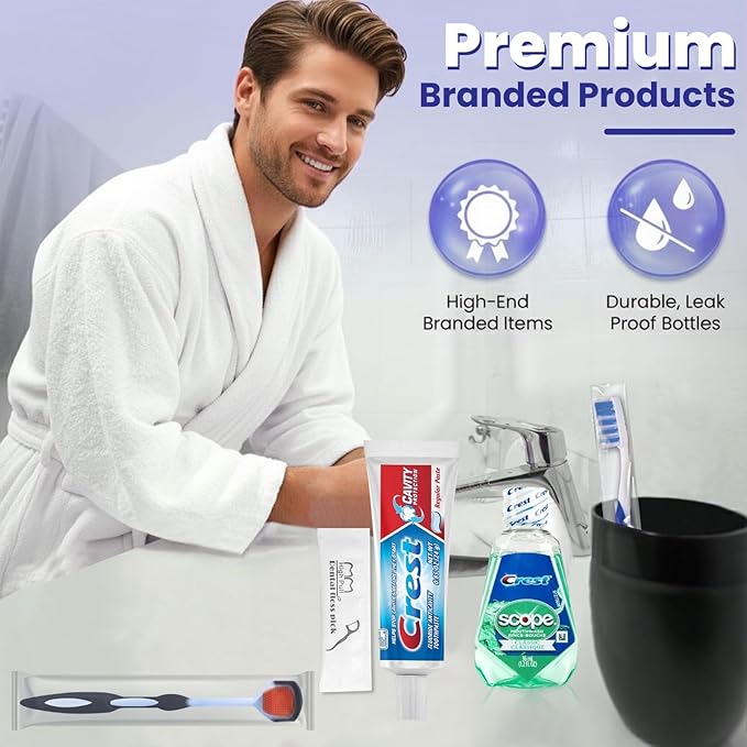 Trektote Travel Toothbrush and Toothpaste Set - (5 Pack) 6 Piece Dental Care Kit, TSA Compliant, Includes Toothpaste, Toothbrush, Mouthwash, Flosses and Premium Toiletry Bag