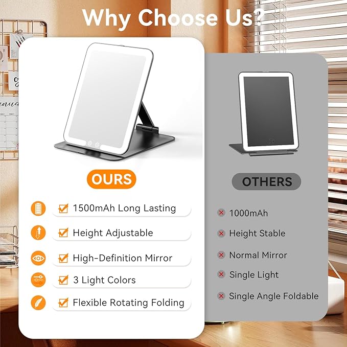 Auxmir Travel Makeup Mirror with 3 Dimmable Color Lights, Portable Foldable LED Lighted Travel Makeup Mirror, Rechargeable Compact Vanity Mirror with Light, Adjustable Height and Angle for Desk, Black