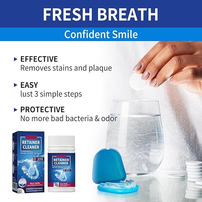 Dental Retainer Cleaner Tablets, 100 Count, 3 Minute Action, Whitening Formula for Dentures and Mouthguards