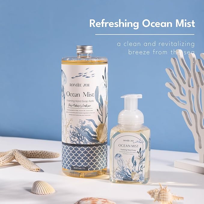 ROMIIE ZOI Hand Soap Refills, Foaming Hand Soap Natural Plant Moisturizing Handsoap Fragrance Ocean Mist - Soft Hand Wash for Kitchen & Bathroom - with Foam Soap Dispenser 1L/33.8oz Pack 0f 3