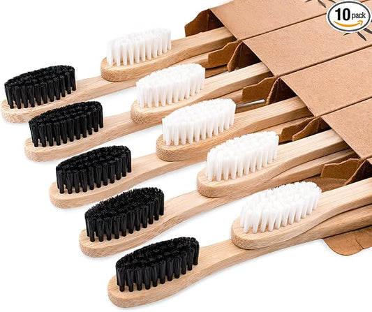 Bamboo Toothbrushes Medium Bristles for Adult, 10 Pack Family Bulk Toothbrushes Set Natural Organic Wooden Tooth Brush Charcoal Wood Handle Tooth Cleaning Brush Black White