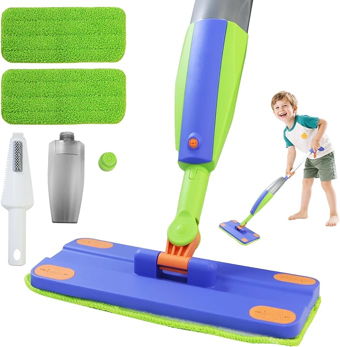 Kids Spray Mop,Real Working Toddler Cleaning Set, Mini Mop, Kid Vacuum - Spray Bottle,Scraper, Washable Microfiber Pads, Montessori Cleaning Toy Set,Toy for Kids Toddlers Ages 3+