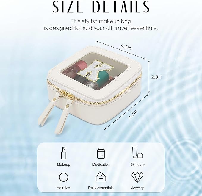 Initial Travel Toiletry Bag - Cosmetic Bags for Girls with Zipper, Clear & Potable Girls Makeup Bag for Travel, Small Cosmetic Pouch Perfect Gifts for Graduation (Beige, K)
