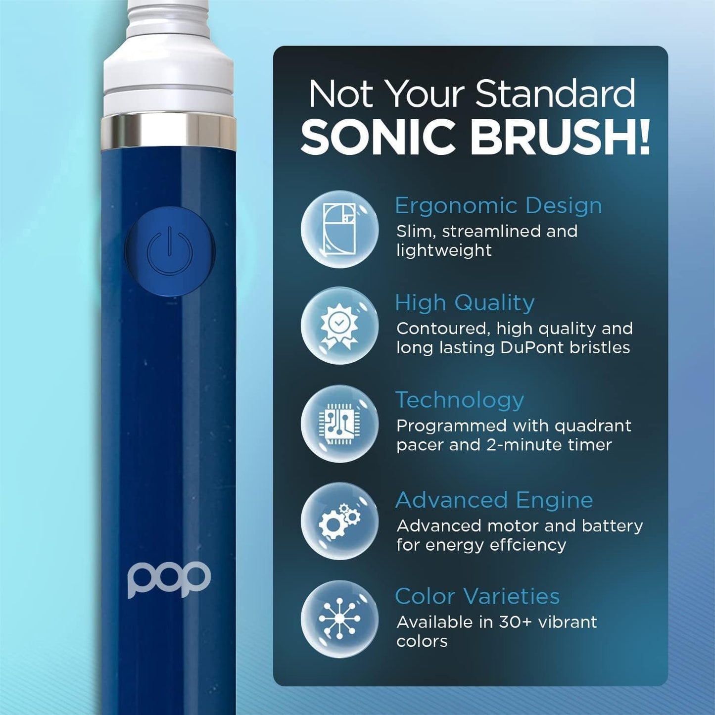 Pop Sonic Electric Toothbrush (Navy + 4 Brush Heads) - Travel Toothbrushes w/AAA Battery | Kids Electric Toothbrushes with 2 Speed & 15,000-30,000 Strokes/Minute, Dupont Nylon Bristles
