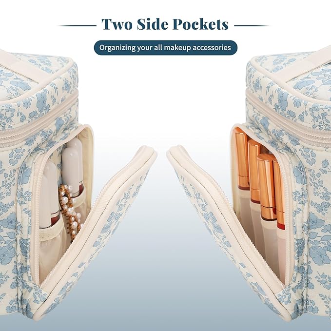 Large Cotton Makeup Bag, Quilted Floral Makeup Bag Organizer for Women Girls with Makeup Brush Compartment & Two Side Pockets, Cosmetic Travel Bag Vertical Storage- Blue Flower