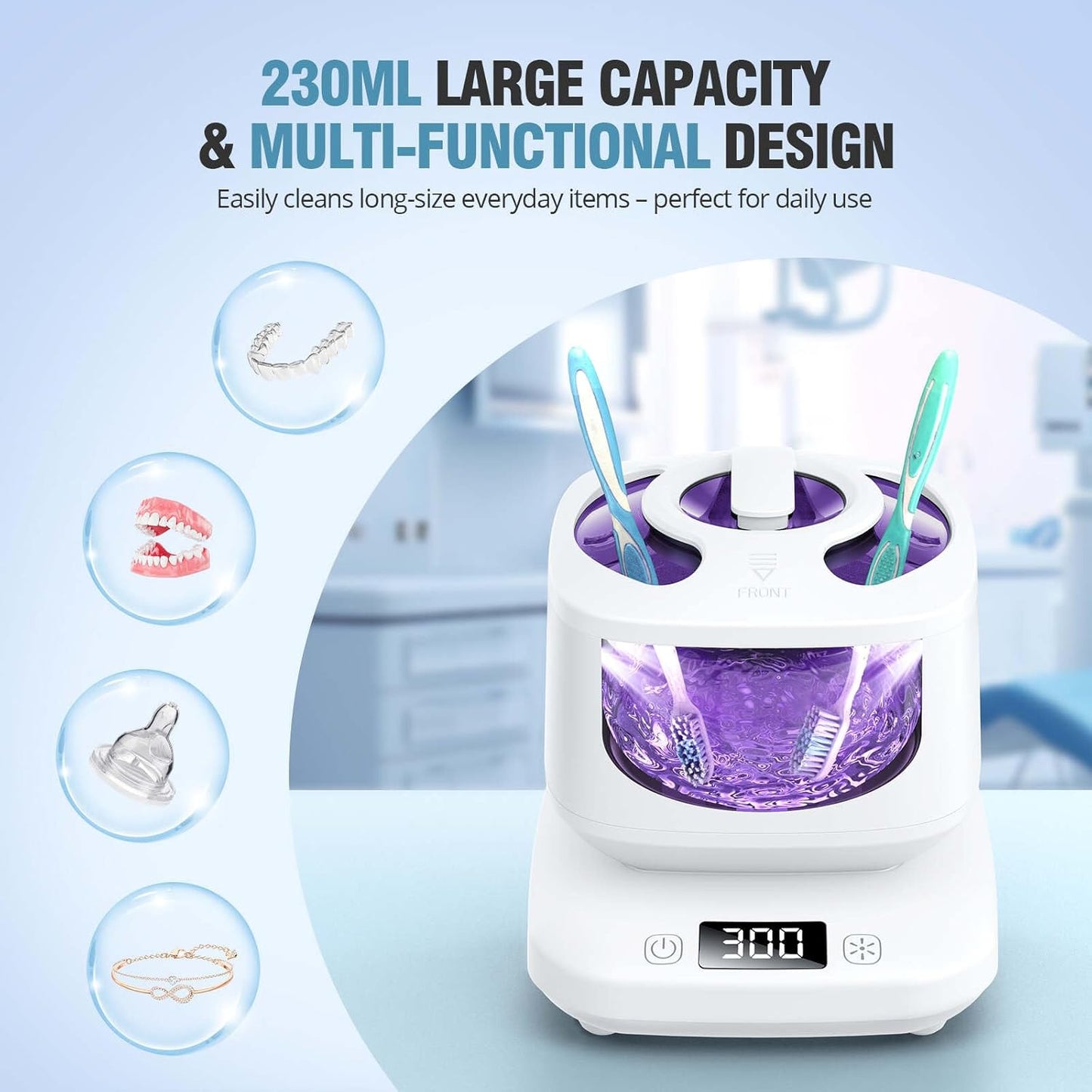 Ultrasonic Retainer Cleaner, Detachable 45kHz Retainer Cleaner Machine 3 Modes Dental Cleaning Pod with Visible Window Digital Timer for Mouth Guard, Dentures, Aligner, Braces, Jewelry - White
