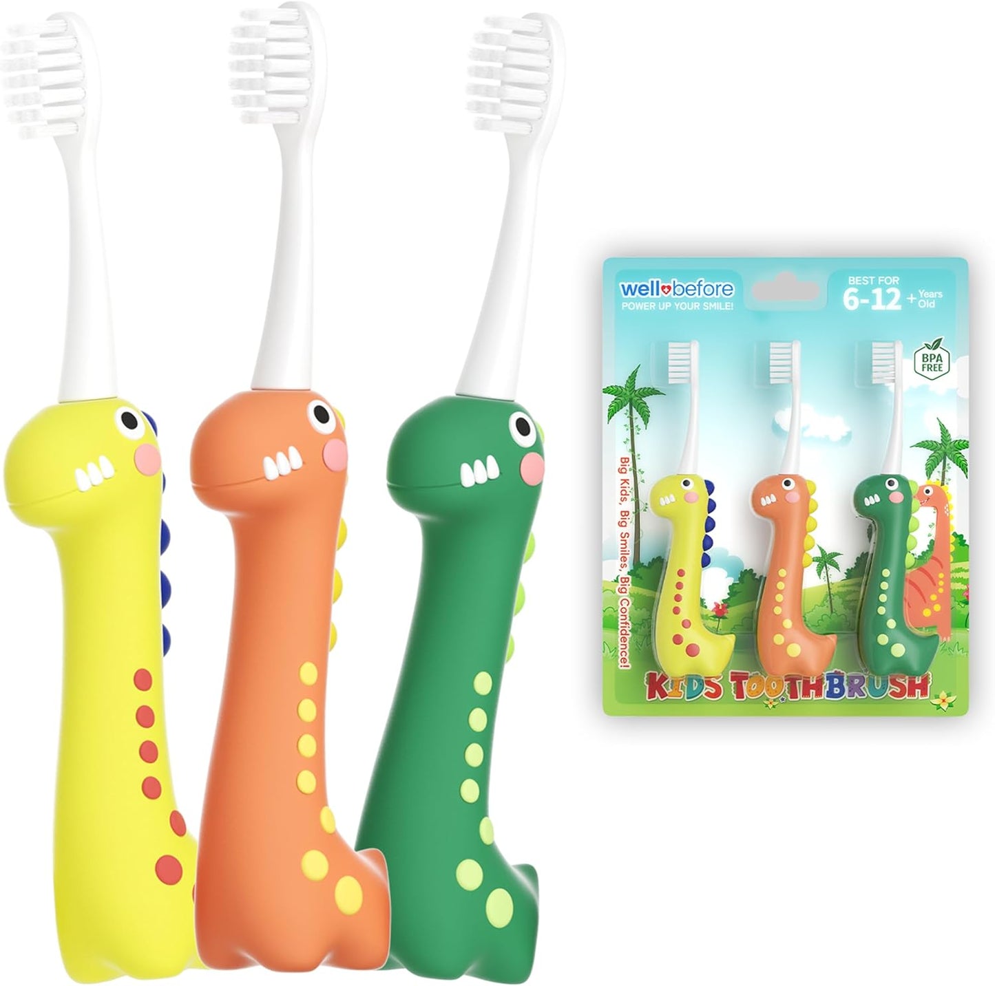 Well Before Dinosaur Kids Toothbrush, 0.12mm Soft Filament Toddler Toothbrush for Kids 6-12 Make Brushing Fun and Protect Kids Delicate Teeth (Pack of 3)