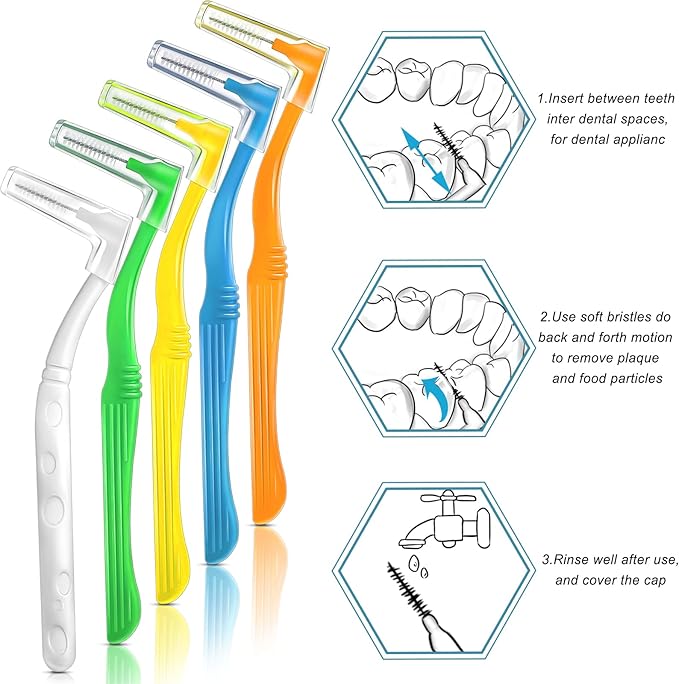 Honeydak 20 Pcs L-Shaped Interdental Brushes 5 Sizes Dental Braces Toothbrush Soft with Non-Slip Handle Angled Head Tooth Picks Floss Sticks Dental Floss Brushes for Oral Cleaning