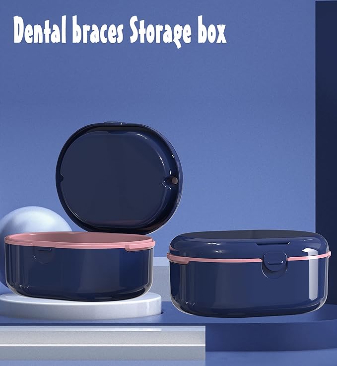 MURRI&MURRDI Retainer Case, Denture Bath Box with Strainer Basket, Mouth Guard Case, Braces Cleaner Cup, Cute Denture Holder Retainer Storage Soak Container for Travel (D Dark Blue)