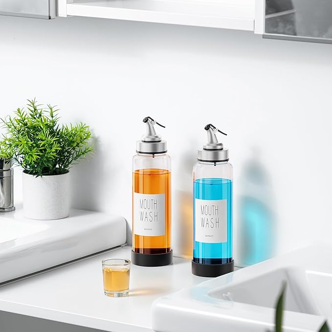 VITVITI Mouthwash Dispenser for Bathroom, Glass Mouth Wash Container with 2 Glass Cups, Press Lid 17OZ Clear Refillable Mouthwash Bottle Decanter with Silicone Pad/Labels, Set of 2