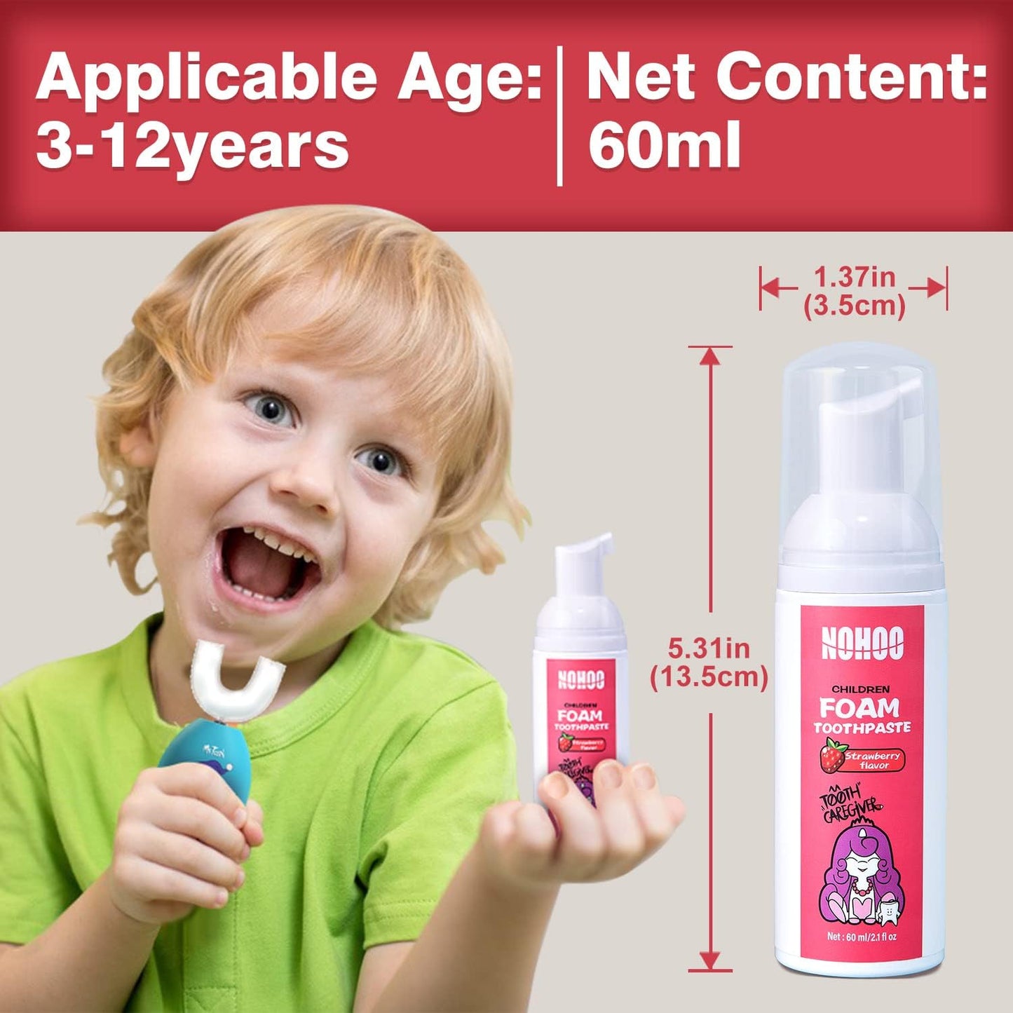 NOHOO Fluoride Free Foam Toothpaste Kids Fruit Flavour,Natural Training Toothpaste for Baby Toddler Children Oral Cleaning and Cavity Protection (2 Strawberry + 2 Orange)