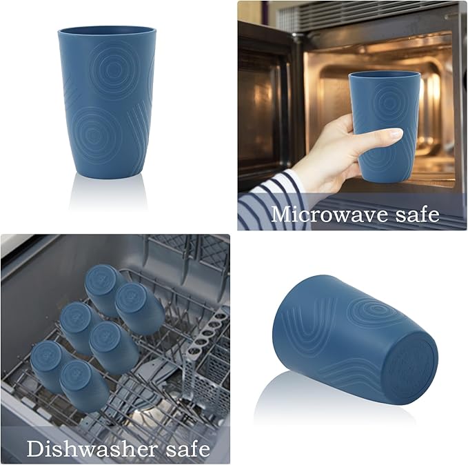 Wrova Wheat Straw Water Cups 16oz with Etched Pattern - Alternative Plastic Drinking Glasses Set of 6 - Unbreakable Tumbler Cups for Kids - Vibrant Series