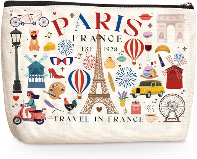 Funny Paris Travel Gifts for Women Makeup Bag France Paris Lovers Gift Birthday Mothers Day Anniversary Cosmetic Bag Travel Toiletry Bag Traveler Essentials Friendship Gifts for Girls Sister Travelers
