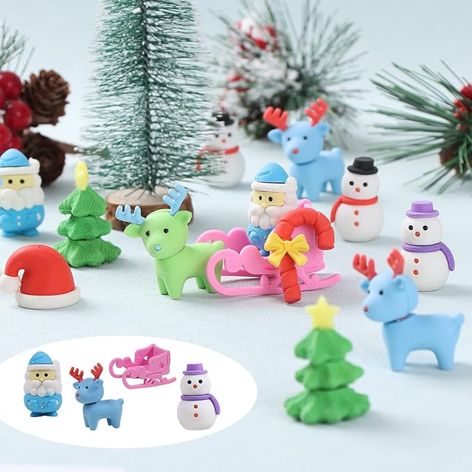 Kleeblatt 3D Assemblable Christmas Erasers 45 PCS - Santa Claus, Reindeer, Snowman, Christmas Tree Creative Gifts for Children