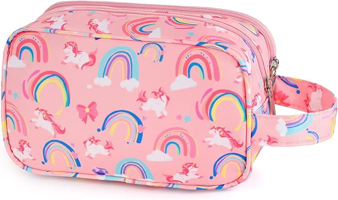 Unicorn Kids Toiletry Bag for Girls, Travel Toiletry Bag for Little Young Girls Cosmetic Bag Makeup Bag Waterproof Hanging Wash Bag Toddler Toiletries, Rainbow Pink