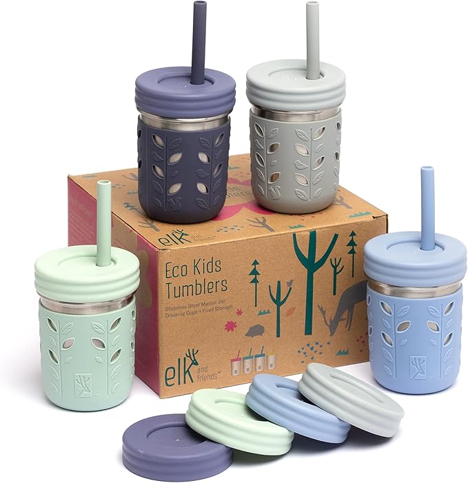 Elk and Friends 10oz Stainless Steel Kids + Toddler Drinking Cups | The Original Mason Jar with Sleeves + Lids | Silicone Straws | Smoothies | Storage Jar | Spill Resistant | Dishwasher Safe | 4 Pack