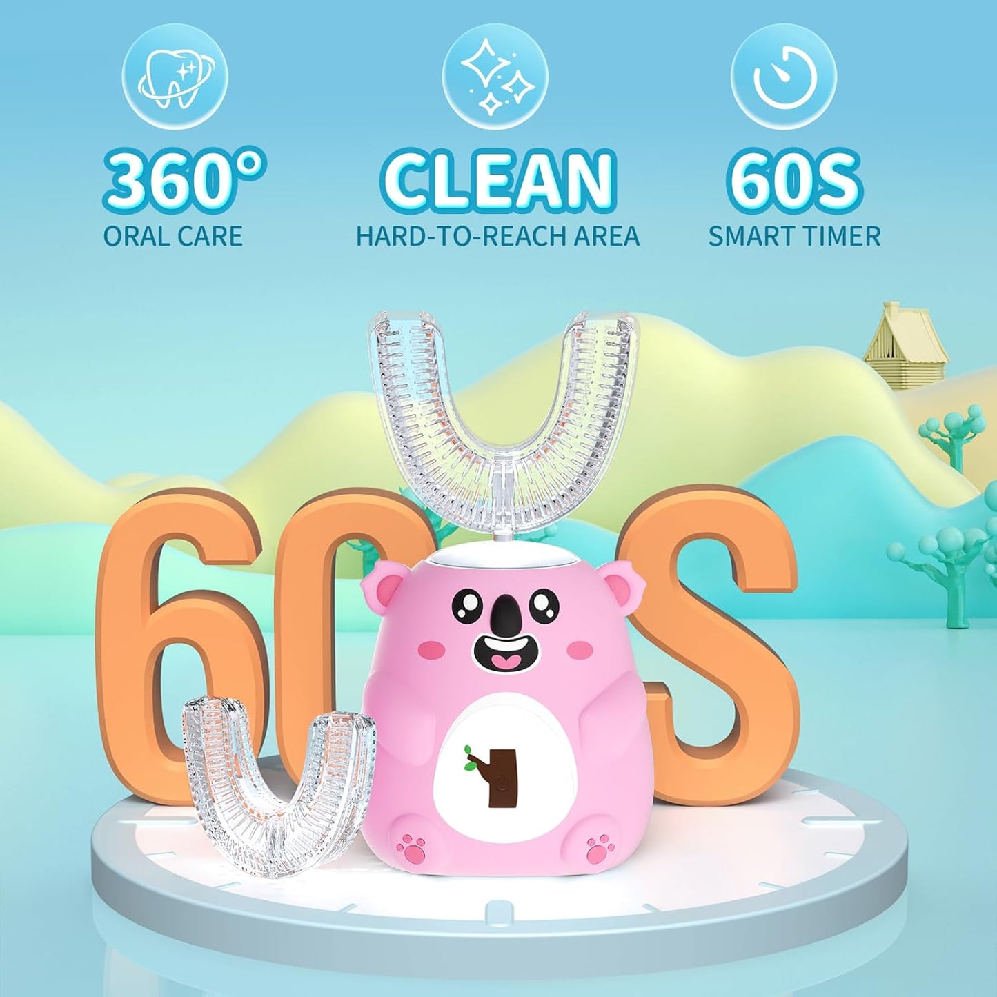 Kids U Shaped Electric Toothbrush, Automatic 360° Sonic Cleaning, 6 Modes, 4 Brush Heads, Cute Cartoon Koala Design (6-12 Age (Pink))