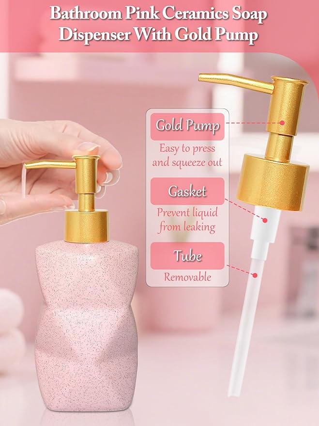 Bathroom Accessories Set,4 Pcs Bathroom Accessory Set,Includes Lotion Soap Dispenser,Toothbrush Holder,Tumbler,Soap Dish,Ceramic Bathroom Sets Complete,Bathroom Sink Set for Modern Home Decor(Pink)