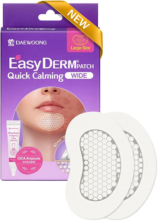 EasyDerm Quick Calming Magnesium Patches WIDE – 2 Large Face Acne Patches for Breakouts, TikTok Viral Microdot, With Bonus CICA Mini Ampoule