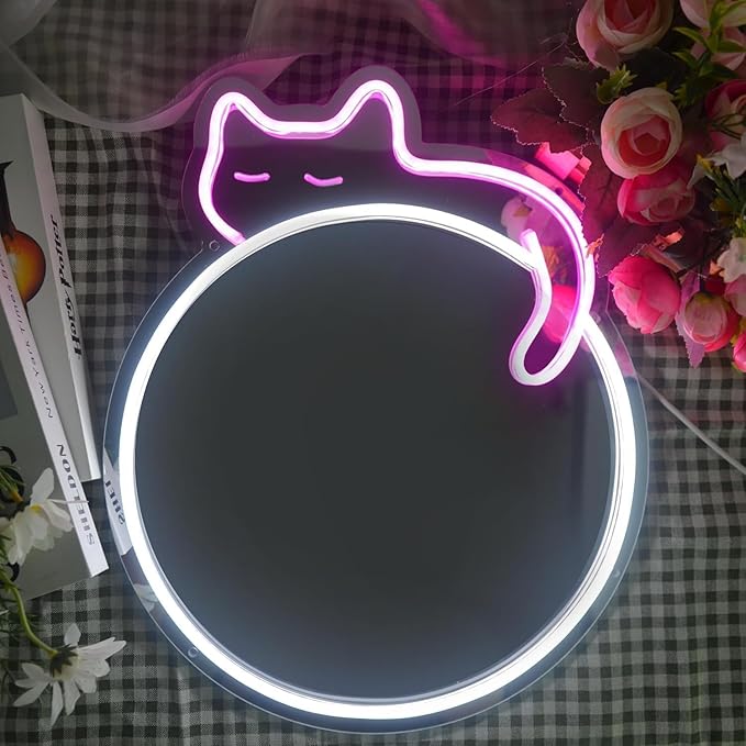 LED Mirror Neon Lights Light Up Dressing Mirror Cat/Shine Heart/Bat/Butterfly Shape Neon Mirror Sign for Modern Home Girl Room Bathroom Salon Wall Art Decor Gift For Girlfriend USB Powered