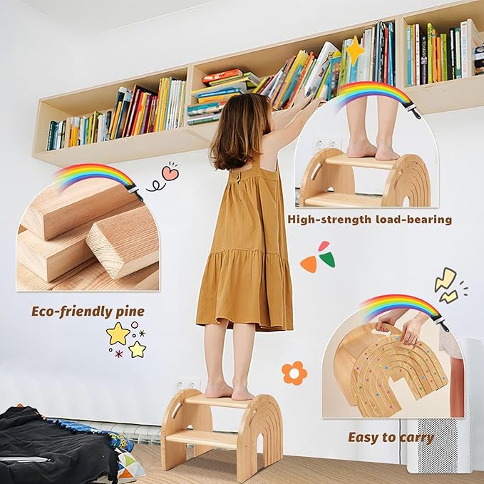 Rainbow Wooden Toddler Step Stool for Kids, Two-Step Stool for Bathroom Sink and Potty Training, Child Stepping Stool for Kitchen with Safety Non-Slip Pad, Handle and Auto Light