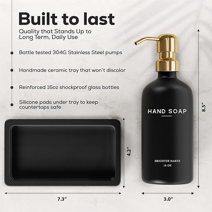 Luxury Glass Soap and Lotion Dispenser Set with Tray by Brighter Barns - Black and Gold Soap Dispenser Bathroom Set - Modern Bathroom Decor for Airbnb, Guest House, Vacation Rental, Gift (Black/Gold)