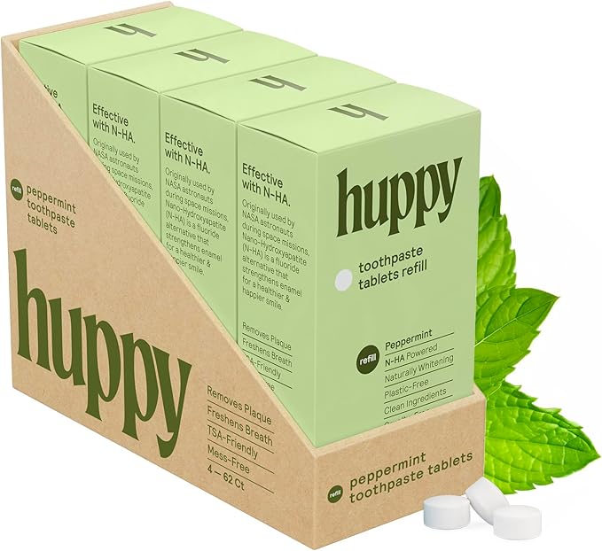 HUPPY Toothpaste Tablets, Nano Hydroxyapatite Toothpaste - Natural Whitening, Fluoride Free and Remineralizing Tablets - Travel Hydroxyapatite Tabs (4 Month Refill no Refillable Tin)
